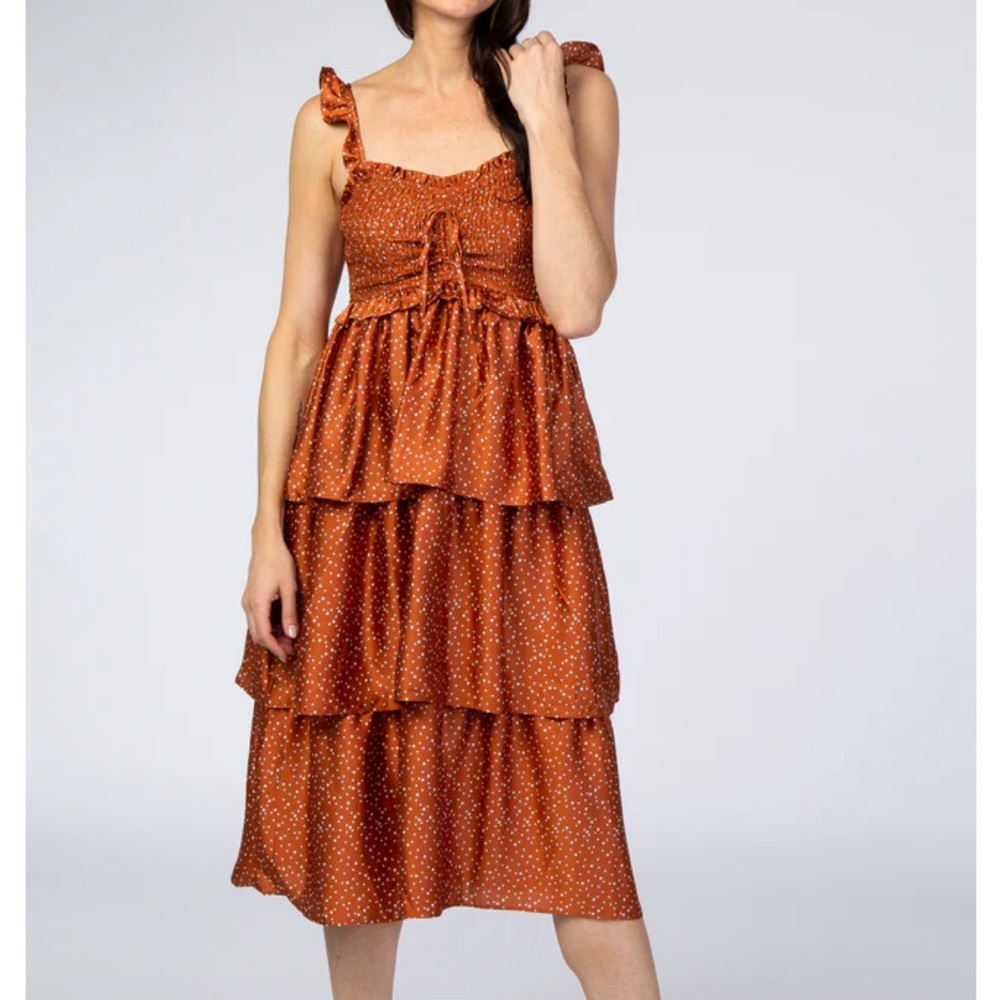 Pinkblush rust polka dot tiered dress